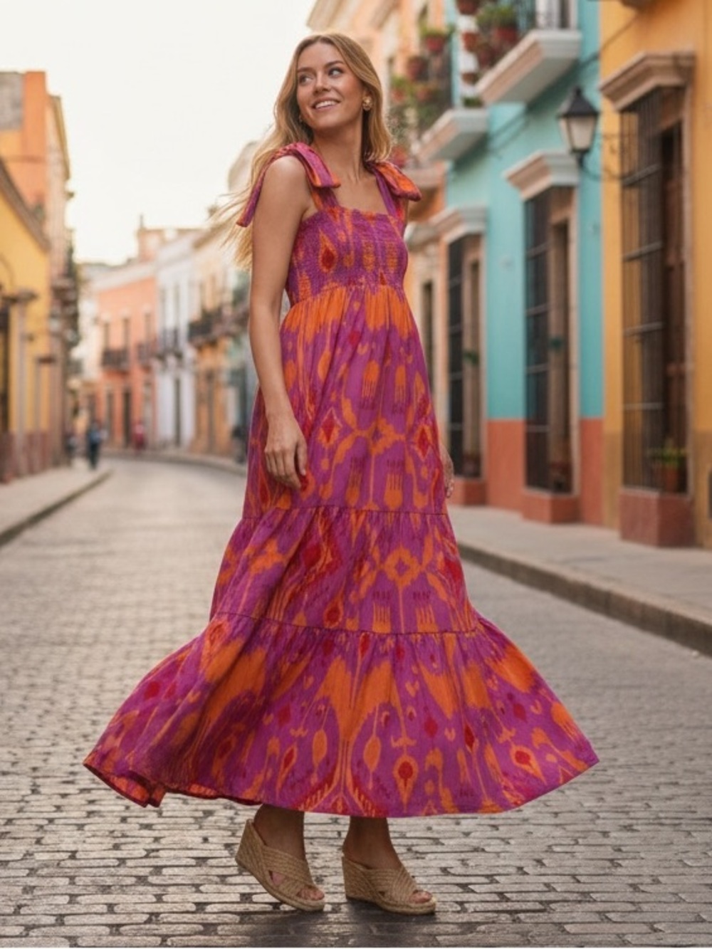 Sheridan French NEW Kelly Maxi Bow Dress in Sunset Ikat Purple Orange Size XS